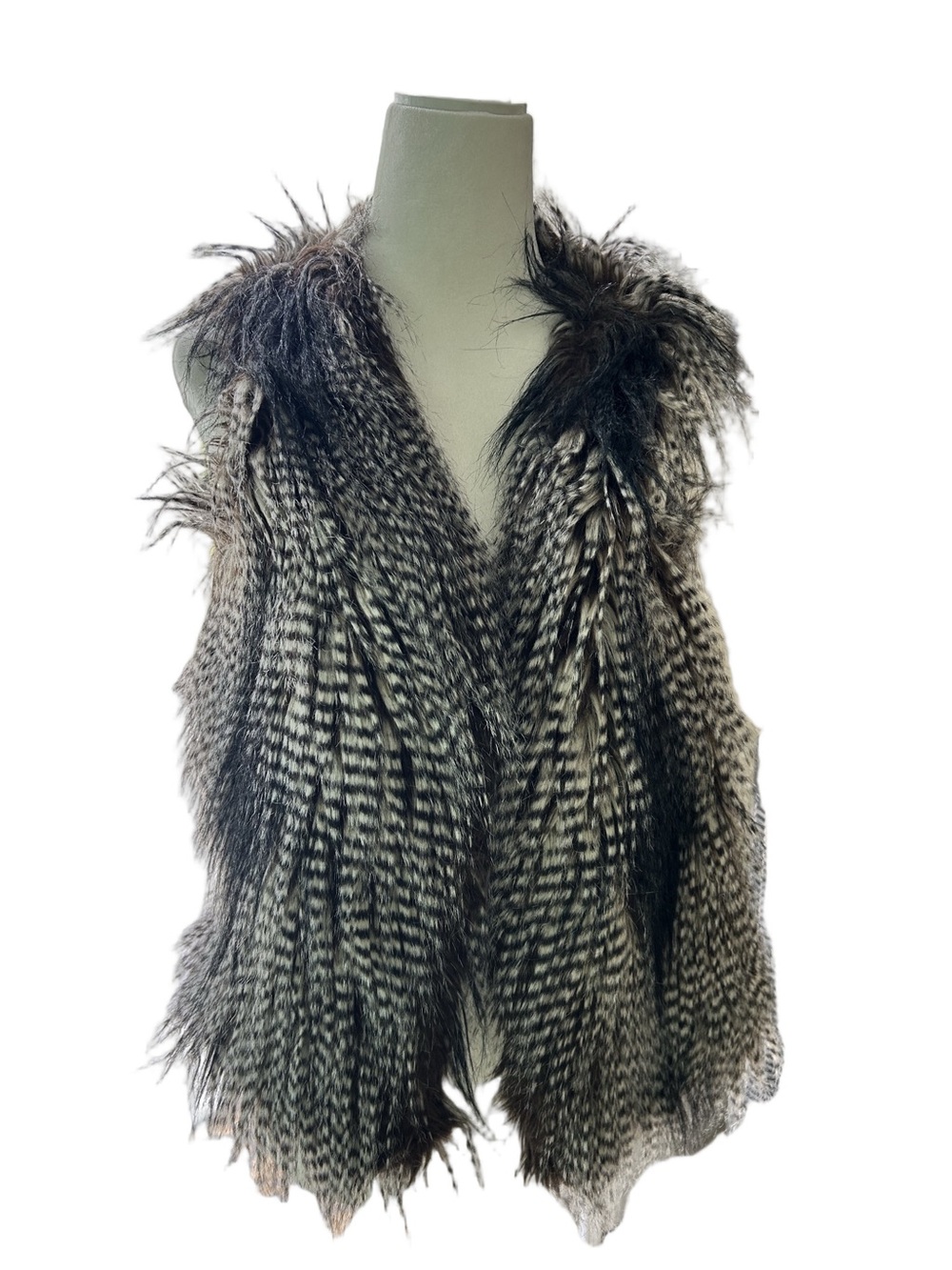 Zara  Faux Fur Vest in Black and Gray Statment Festival Boho size Small